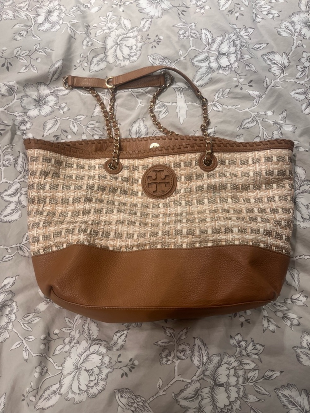 Tory Burch Tan & Cream Woven Leather-Trim Tote